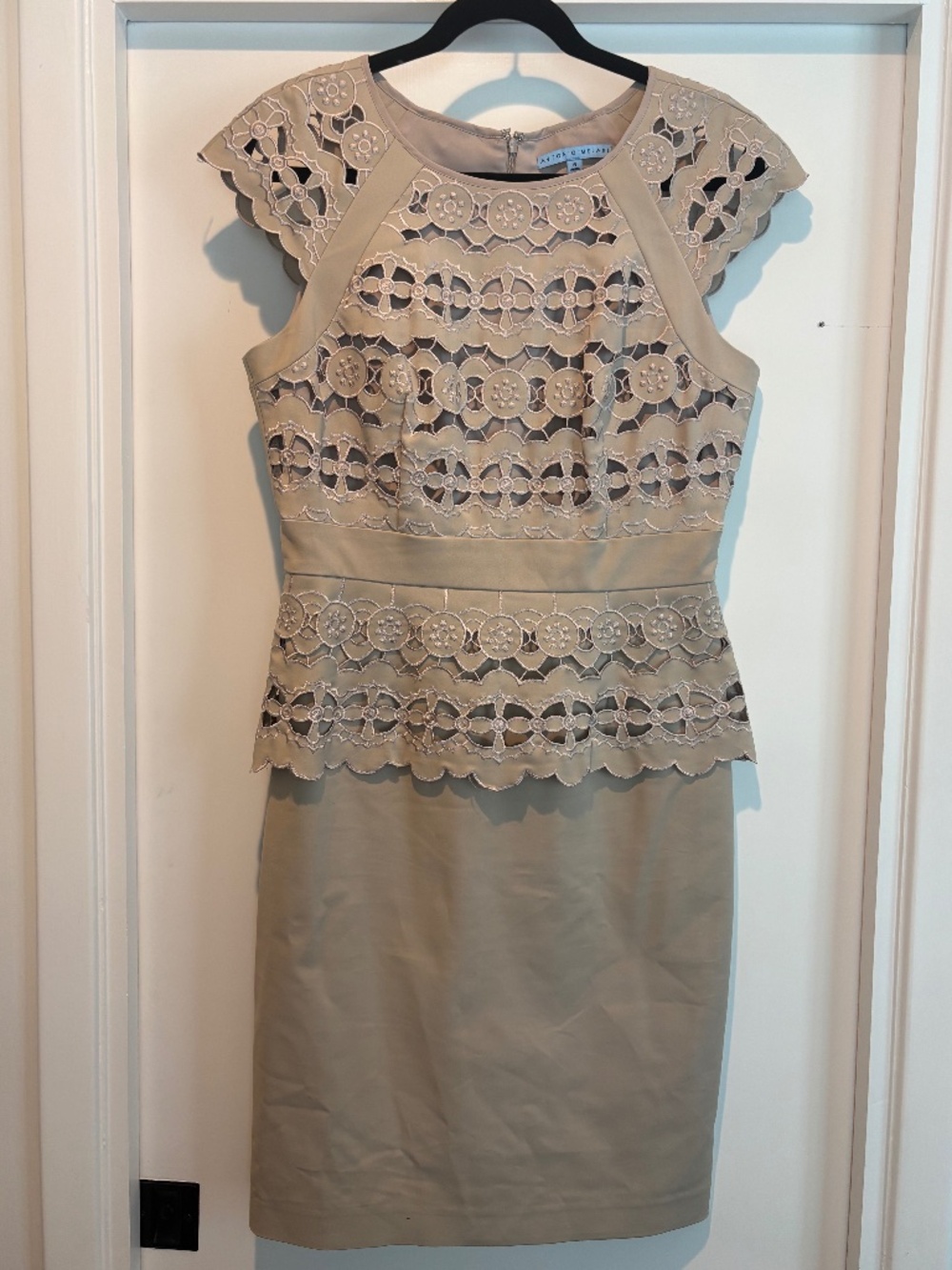 Antonio Melani Laser Cut Eyelet Peplum Sheath Dress Tan Khaki Beige Size 8